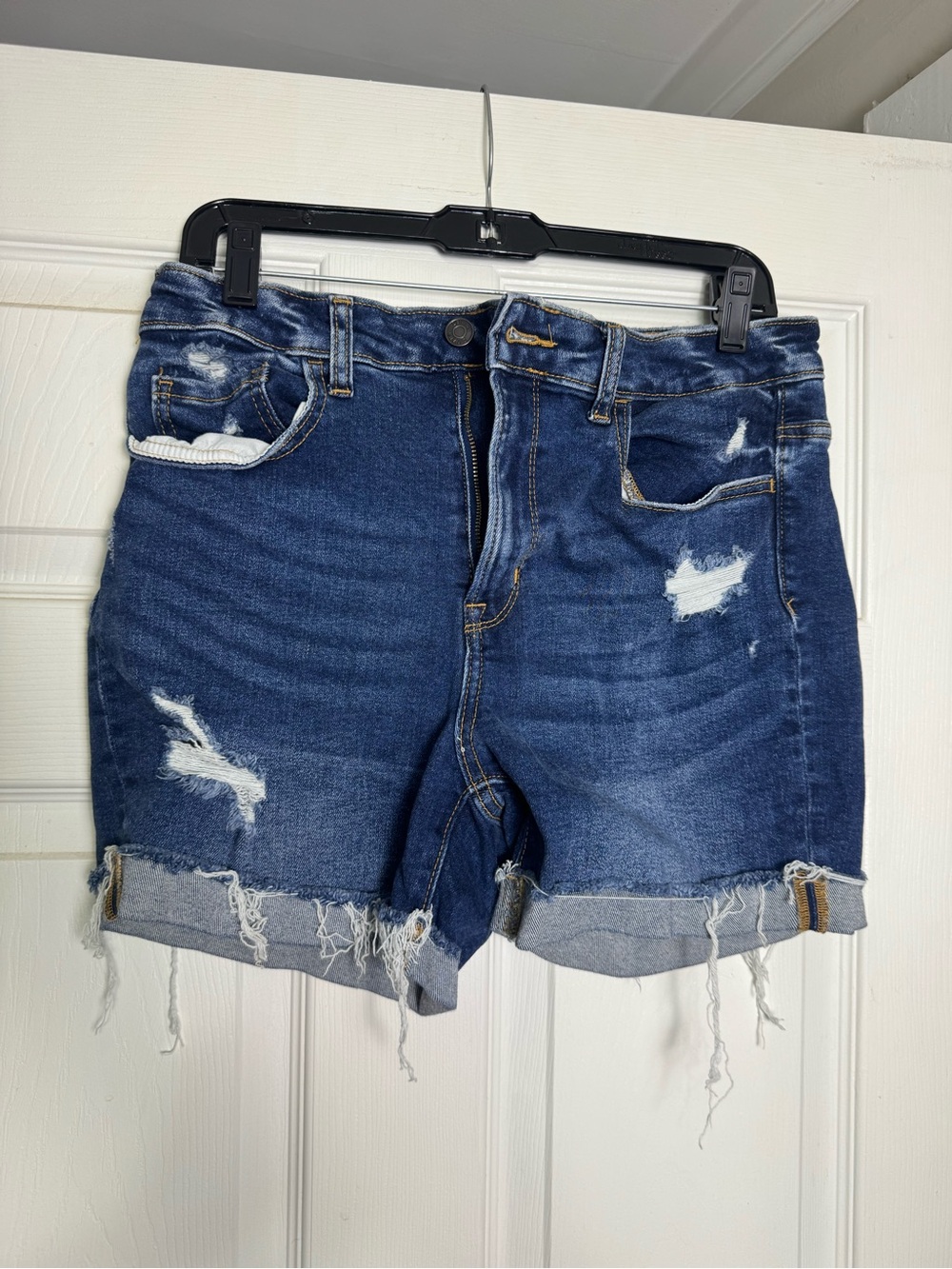 Dark Blue Distressed Denim Shorts - Women